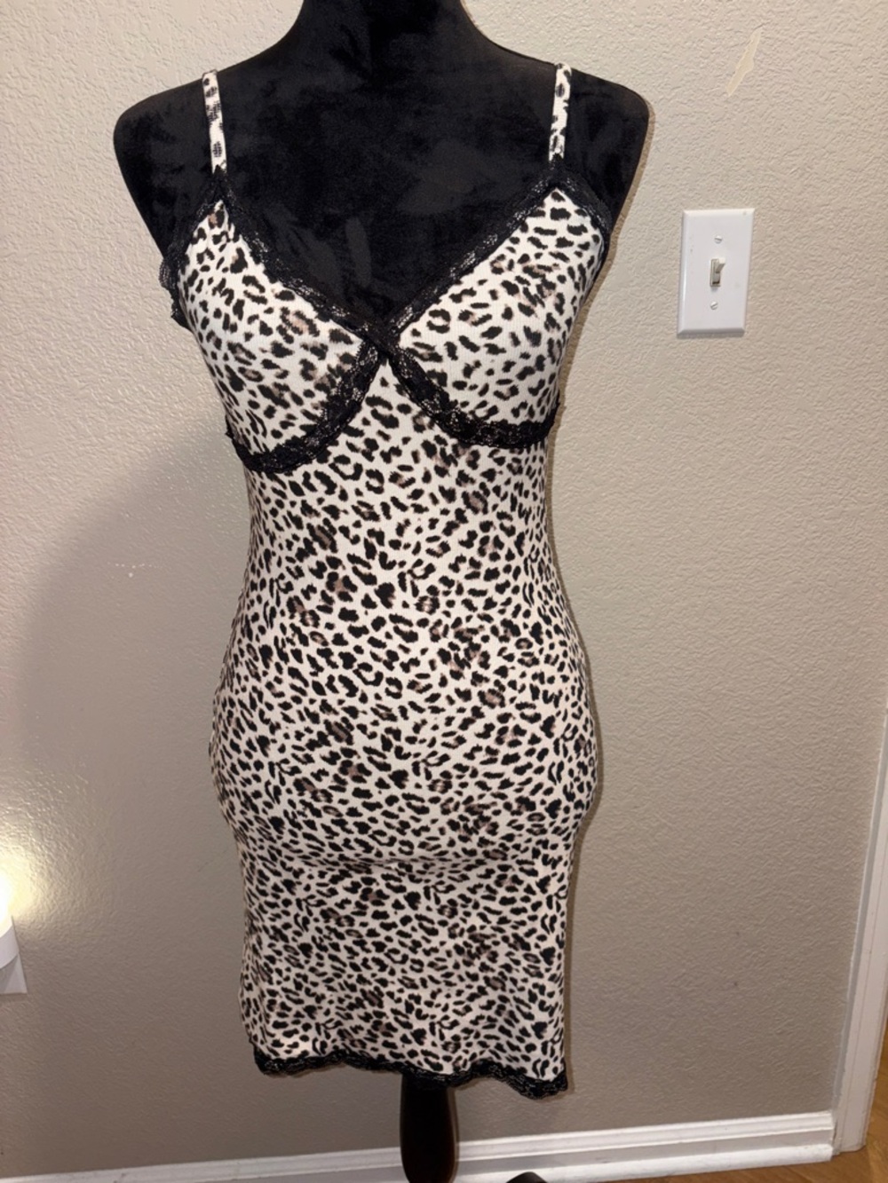 wild fable Black & White Leopard Lace-Trim Slip Dress